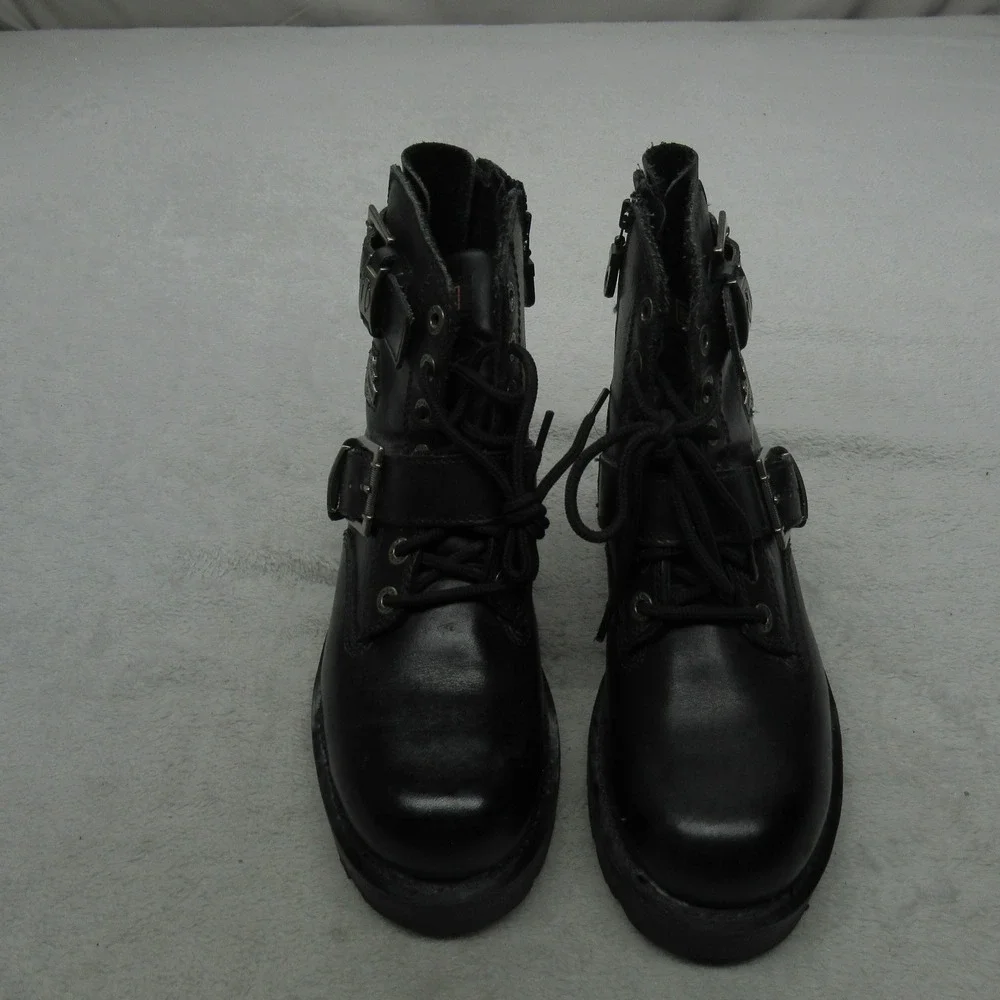 Harley Davidson Men 7.5 Moto Boots Black Leather Buckle Side Zip Lug Sole Travel